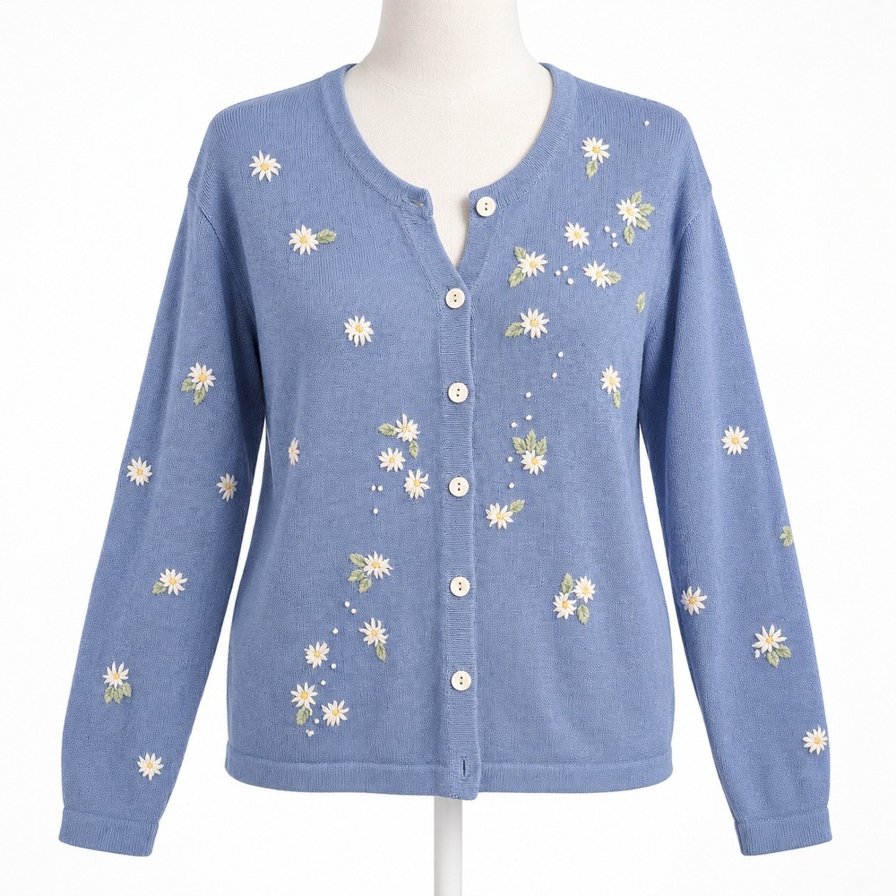 Vintage 90s Floral Embroidered Button Cardigan Sz L Blue Daisy Fairy Cottagecore